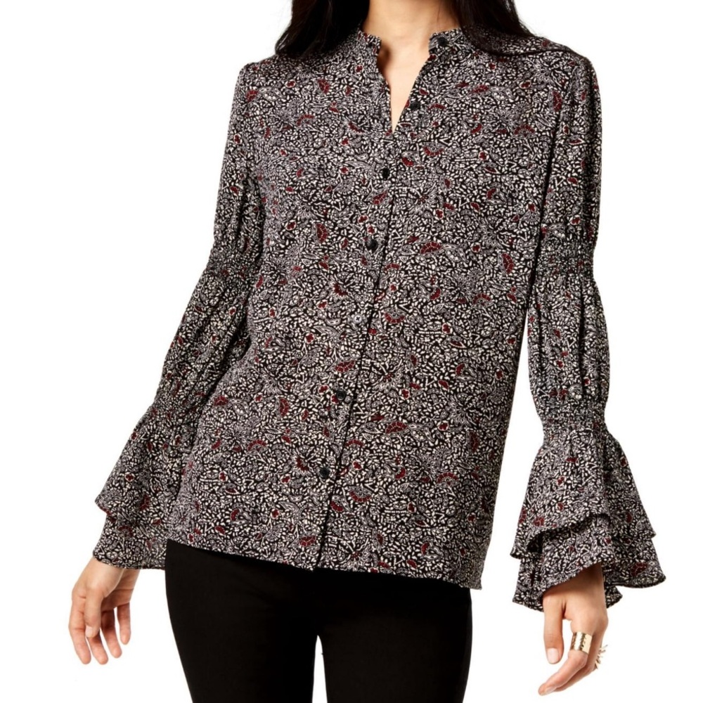 MICHAEL Michael Kors Boho Printed Bell Sleeve Button-Down Top Black | Size M